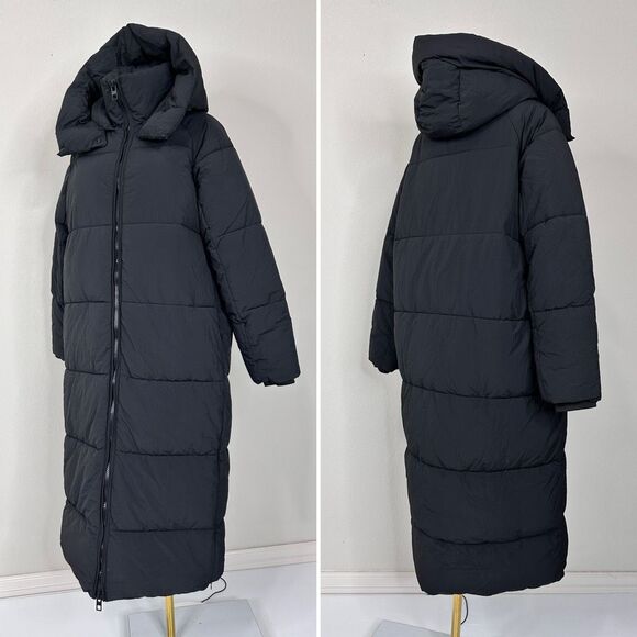 ZARA TRF Extra Long Black Puffer Coat Hooded Maxi Down Jacket S Water Repellent - Picture 4 of 16